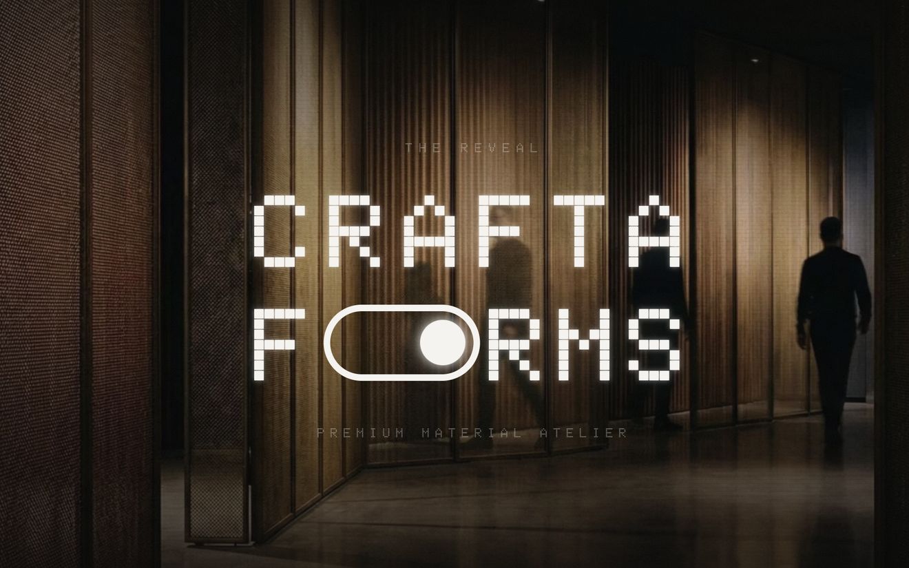 The Craftaforms website homepage, a dark editorial hero showing a lit material corridor